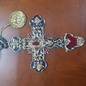 Kurt Adler Vatican Library Collection Enamel Pearls Cross Ornament Red/Blue